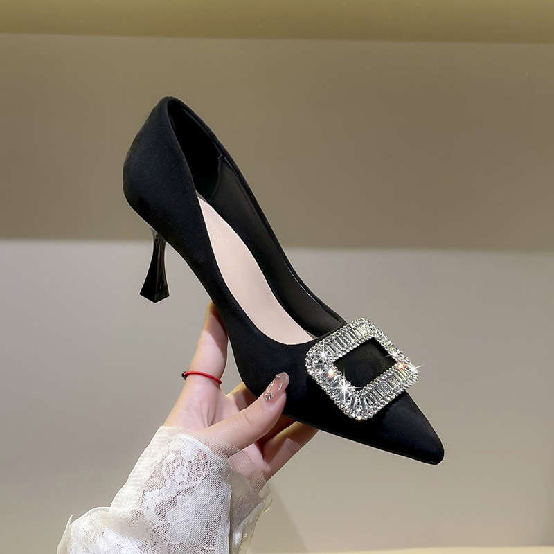 浅口高跟鞋尖头细跟气质中跟黑色职业工作鞋百搭单鞋久穿不累女鞋