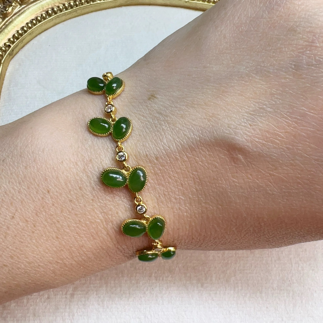 直播价160，通体纯银天然碧玉叶子手链