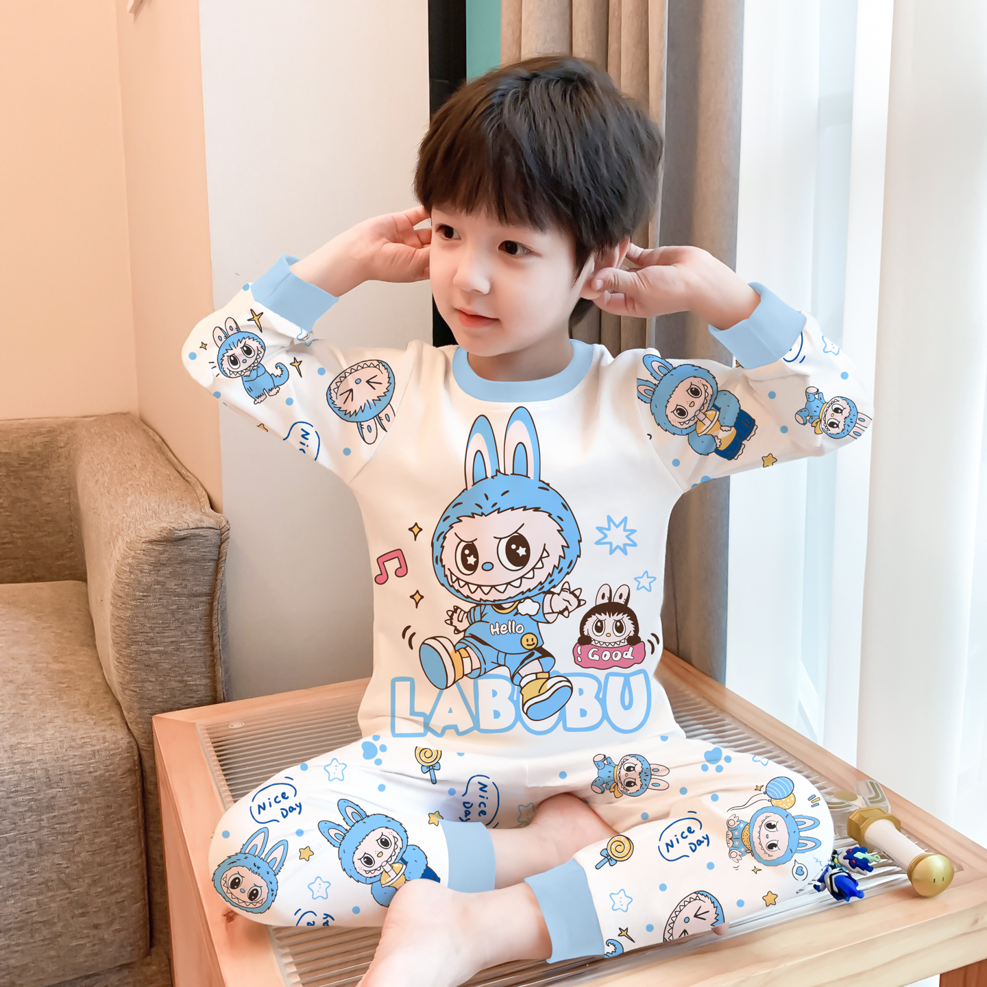 儿童拉布布秋衣秋裤睡衣男孩纯棉男童女童宝宝家居服套装线衣线裤