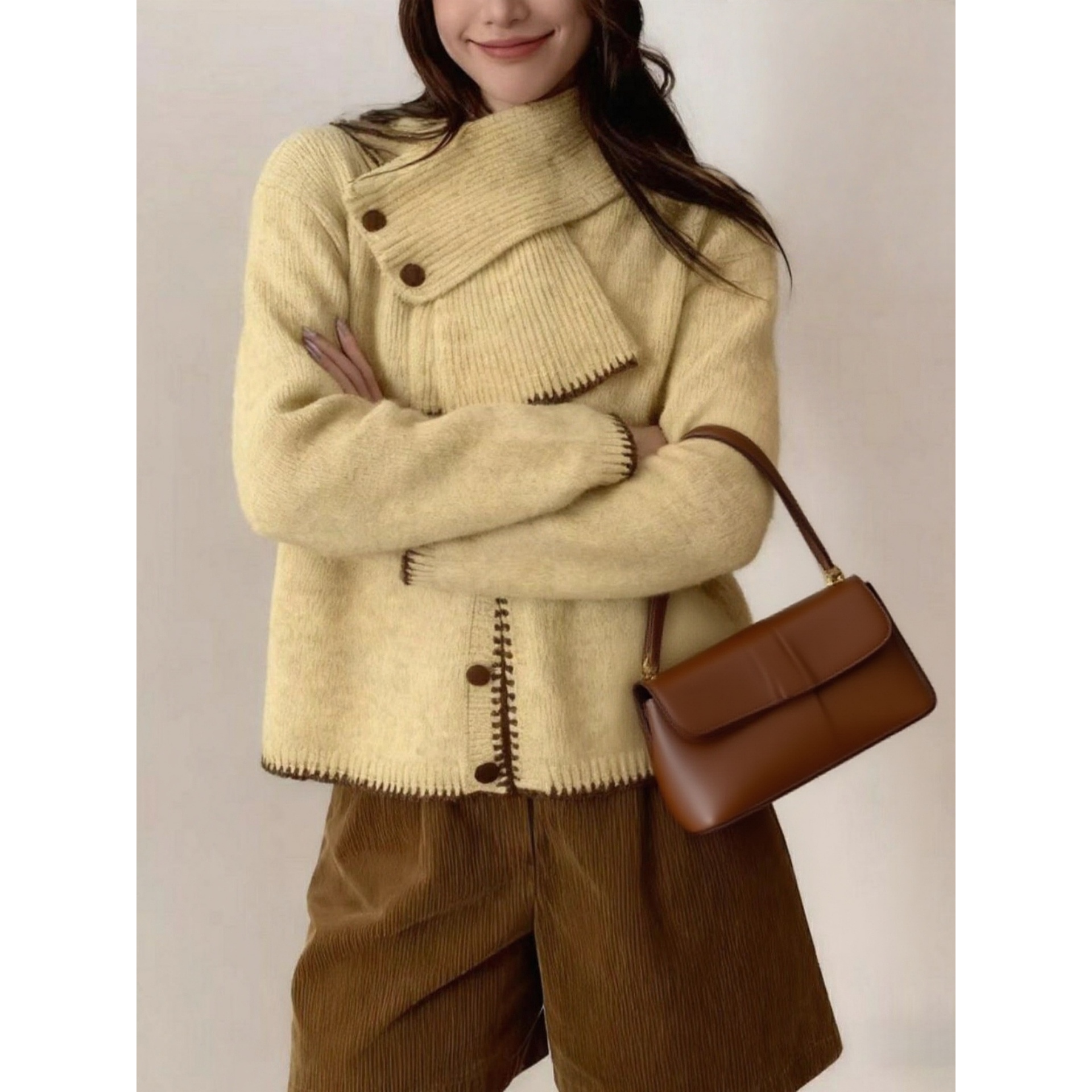 2025秋冬新款纯色针织开衫带围脖韩系撞色外搭上衣女套装毛衣外套