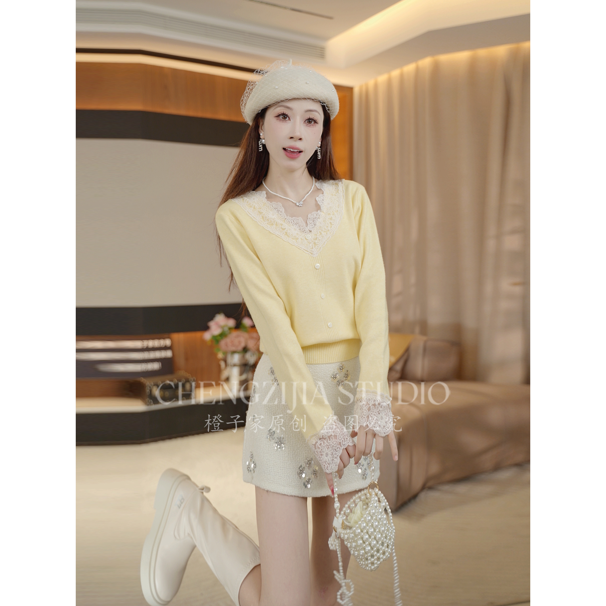 【裴诗婷】MY00172蕾丝拼接单排扣毛衣05