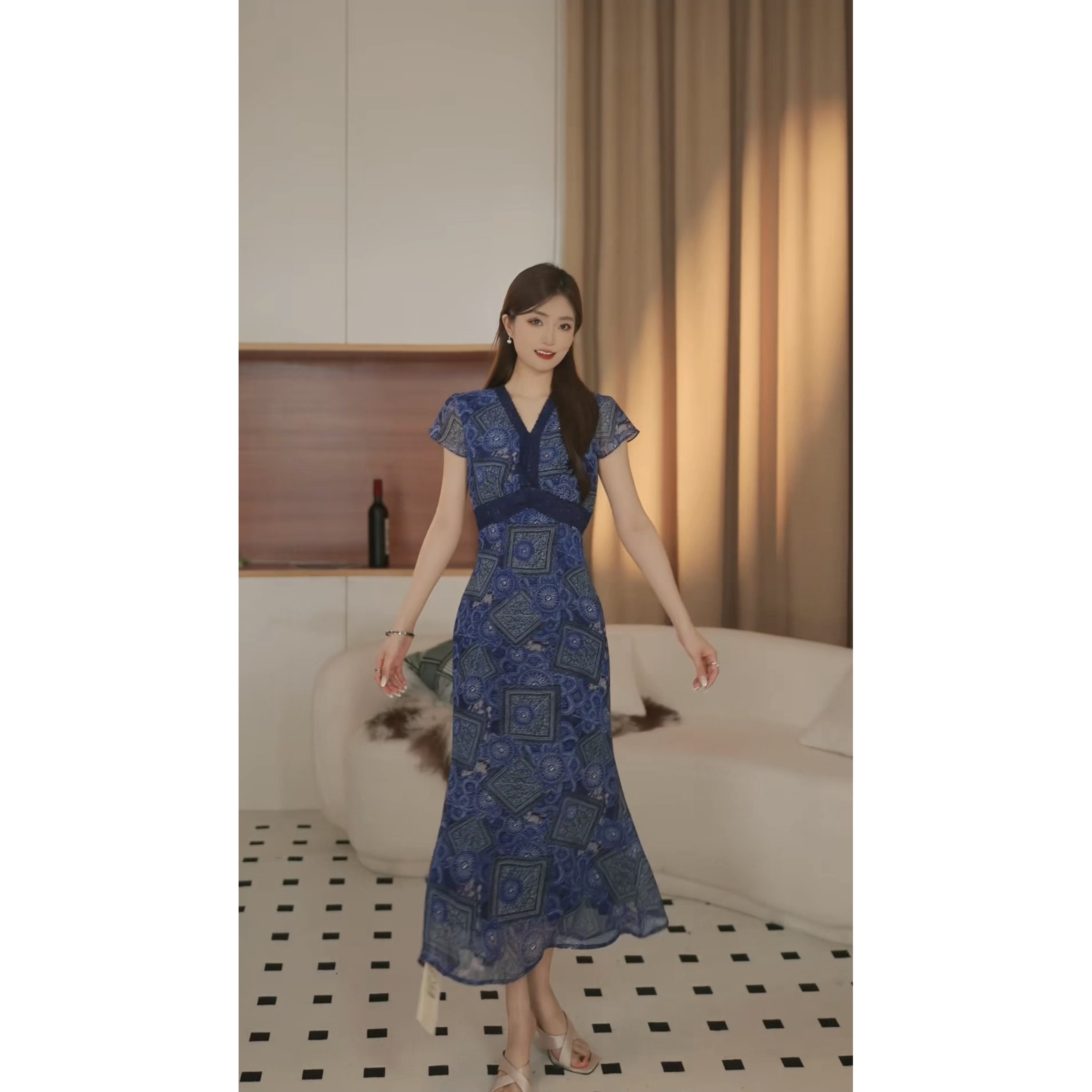 【婉彤】蓝锦夏季新款法式气质高级显瘦鱼尾连衣裙-YL11304