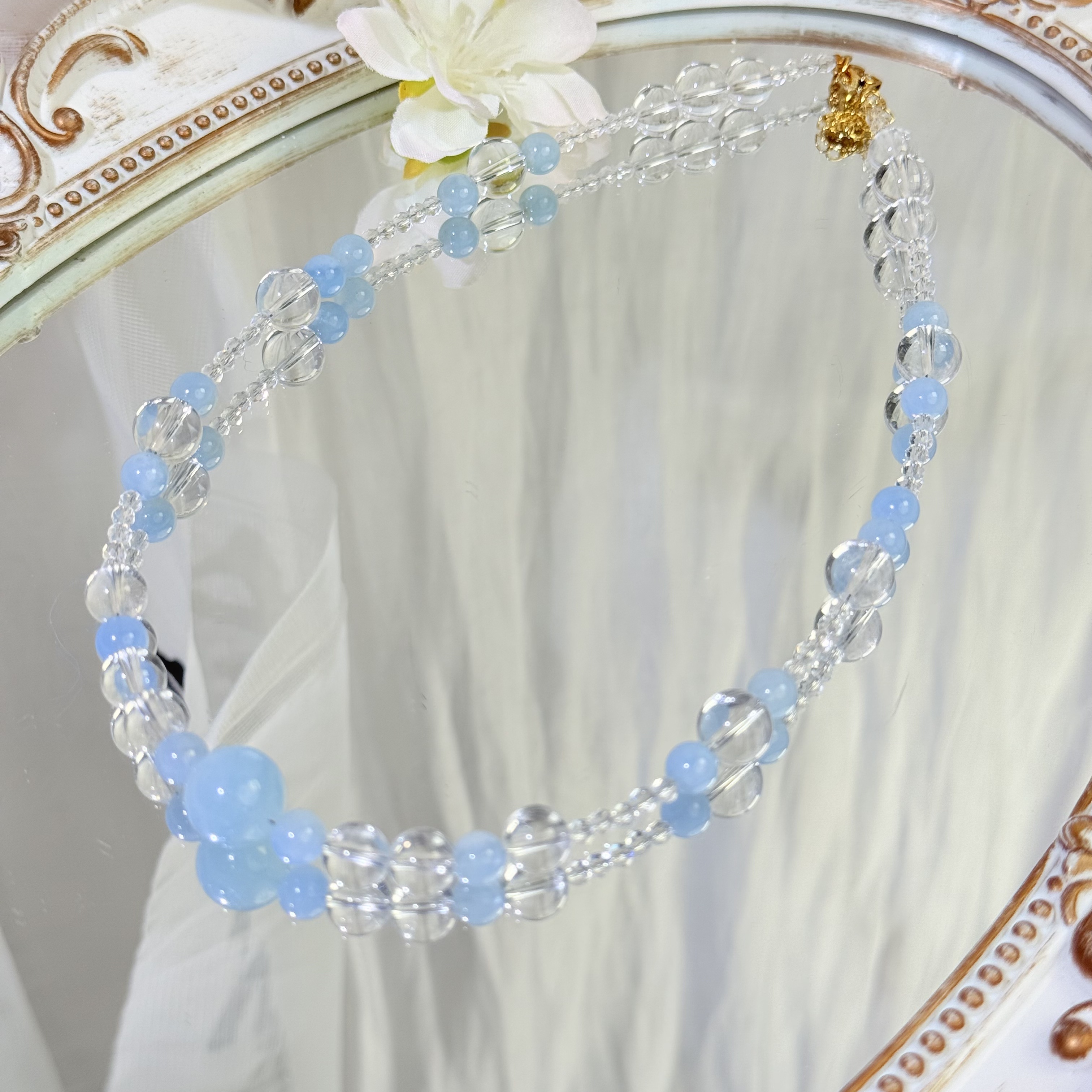【579 七里香】白水晶海蓝项链6-12mm面小仙多样性发其一