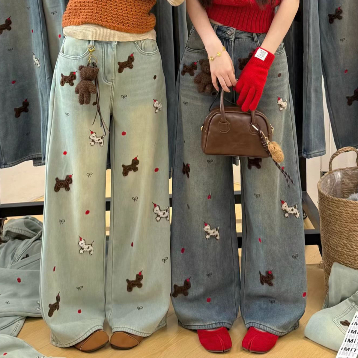 【阿冉】冬季加绒重工刺绣独角兽复古高腰显瘦阔腿牛仔裤女士