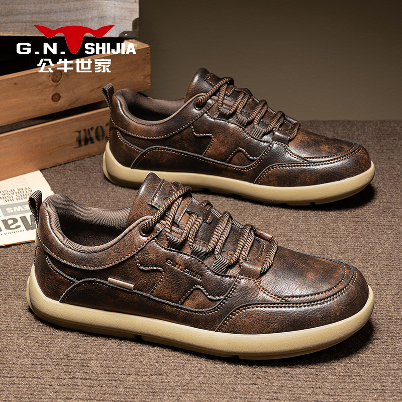 公牛世家男士秋冬新款复古英伦风休闲皮鞋软底宽楦防滑时尚男鞋