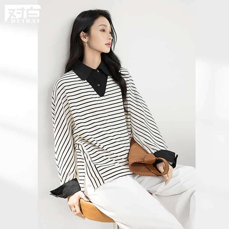 【强哥专属】D01对白法式条纹假两件拼接卫衣女宽松POLO衫FDA007