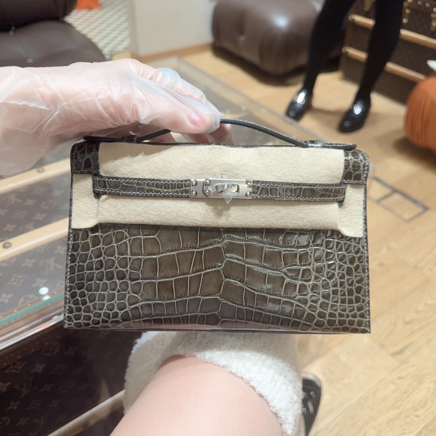 未使用 Hermes/爱马仕 miniKelly一代 麻绳灰银扣亮面方块鳄鱼