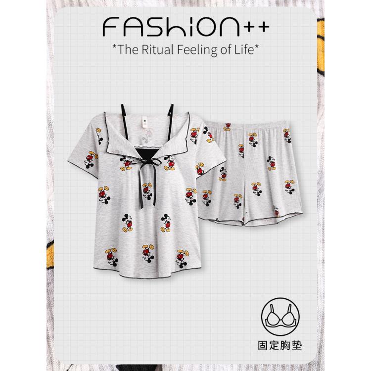 【带胸垫】夏季新款莫代尔女士短袖短裤睡衣米老鼠灰色家居服套装