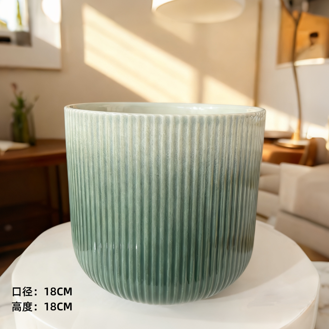 中号宝石绿竖条口18高18落地陶瓷花盆郁金香山茶花蝴蝶兰通用