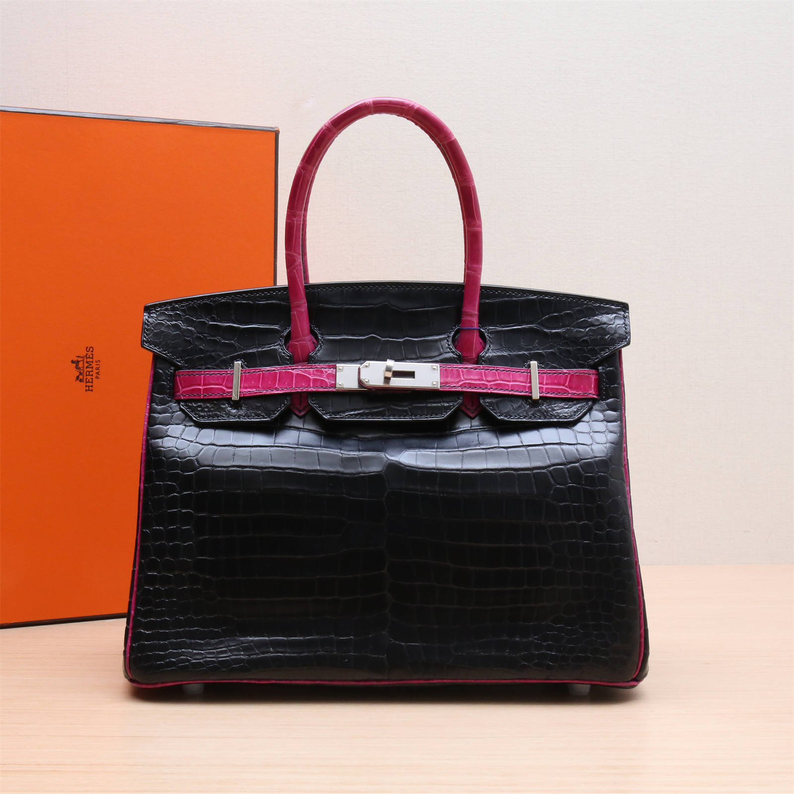 95新 Hermes/爱马仕 【小花Han】Birkin 30 黑色 鳄鳄银扣包