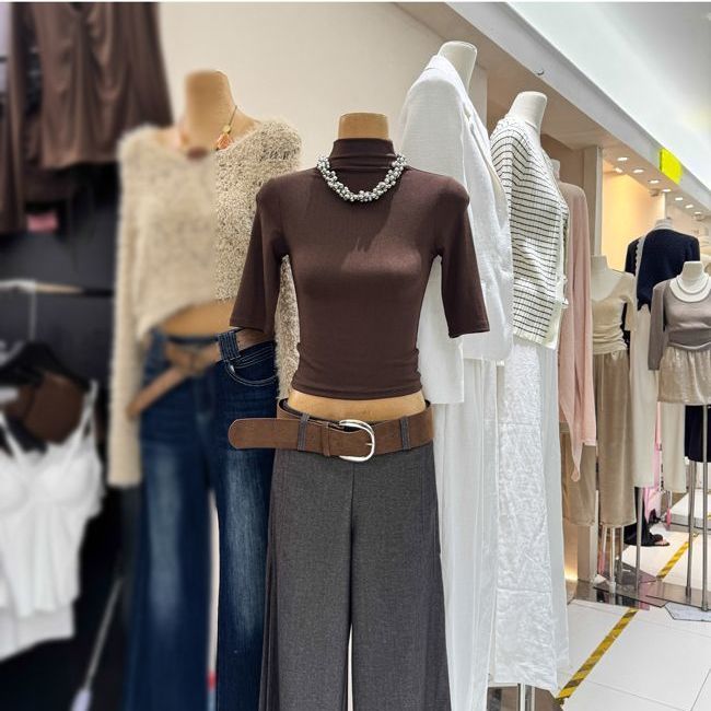 2025春秋韩版辣妹高领修身显瘦五分袖中袖T恤咖啡色打底衫上衣女