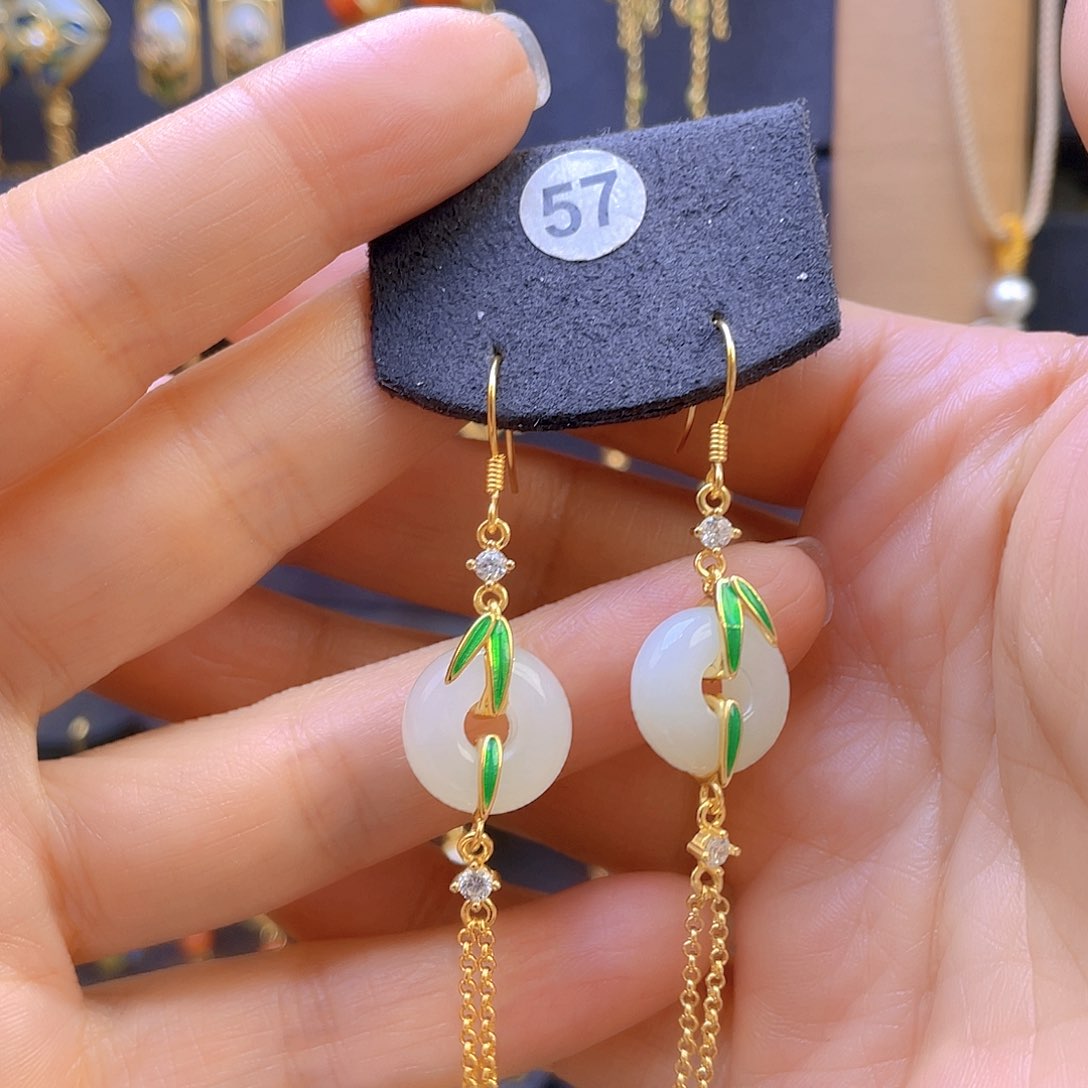 和田玉耳饰银S925镀金镶嵌