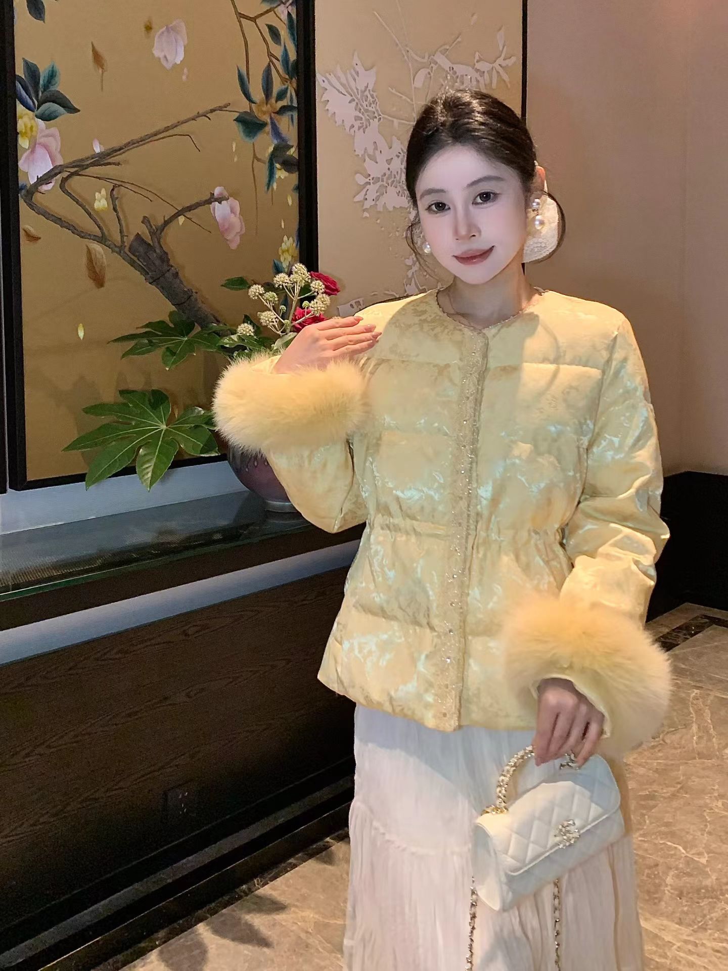 新中式蕾丝花边棉服女2025冬季新款提花刺绣收腰保暖外套33