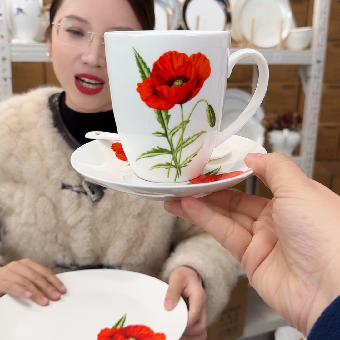 骨瓷骨瓷咖啡杯碟一套370ml外贸骨瓷