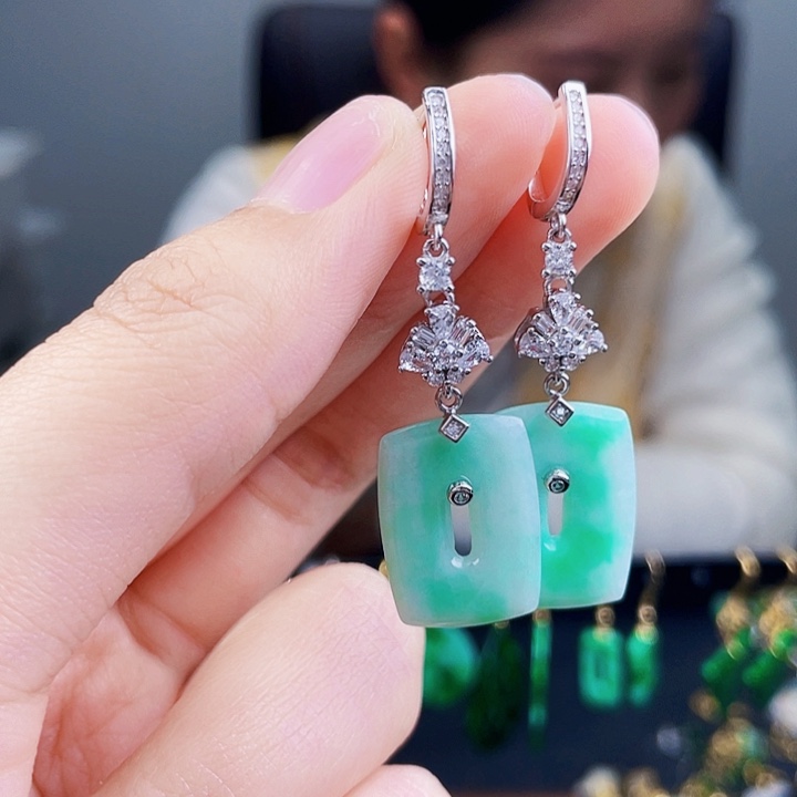 翡翠耳饰银S925镶嵌饰品