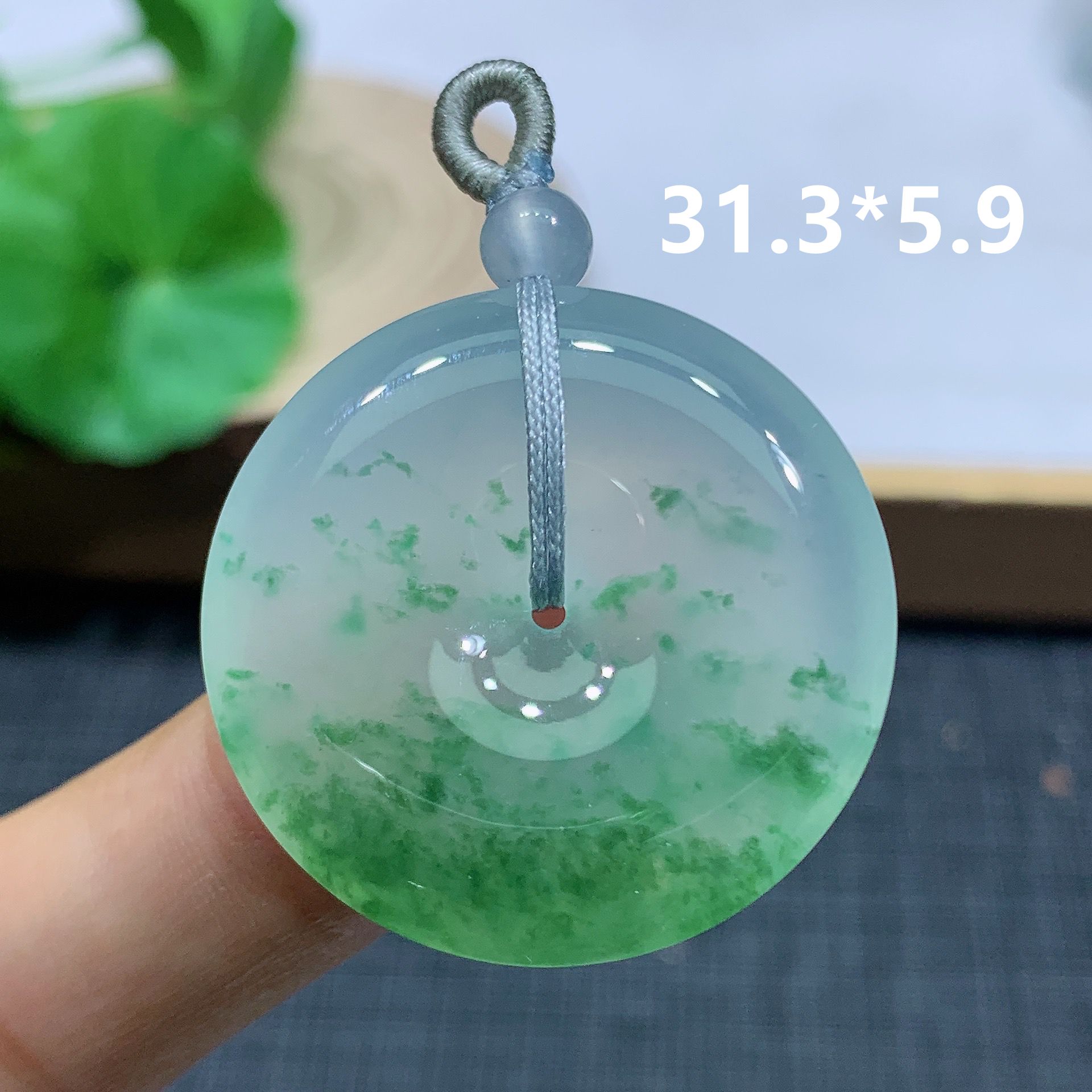 天然缅甸翡翠A货 冰种起胶阳绿半山水意境飘花平安扣吊坠11.95g