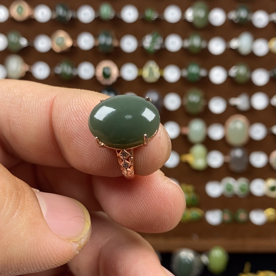 和田玉（青玉）戒指银S925镀金镶嵌