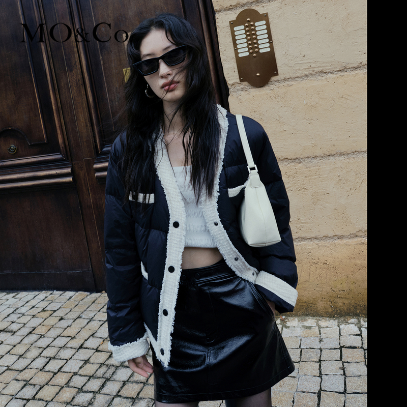 【赵老板专属】MOCO冬季小香风V领方格短款羽绒服MBC3EINT07