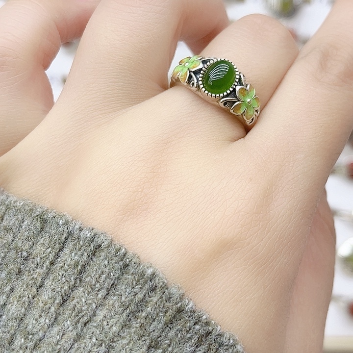 和田玉戒指银S925镶嵌天然