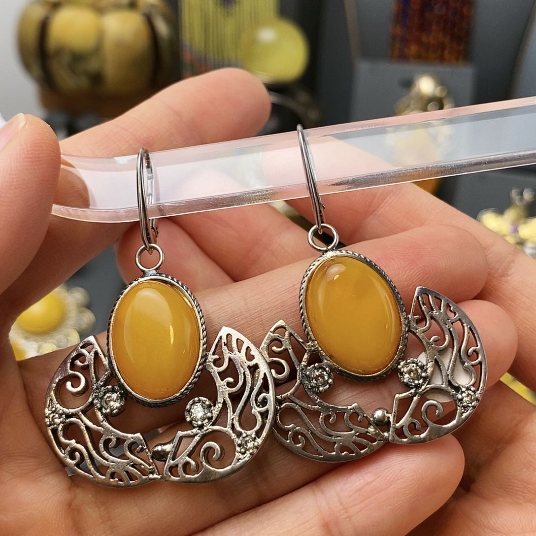 琥珀耳饰银S925镶嵌耳环