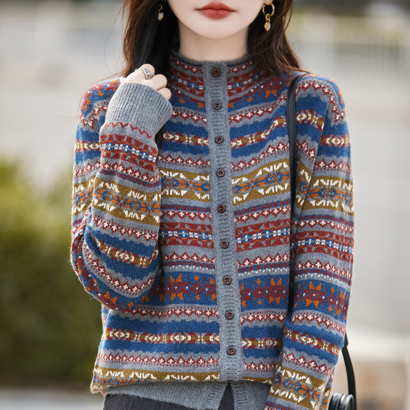 哥弟阿玛施正品长袖复古提花条纹针织开衫高领时尚休闲宽松羊毛衫