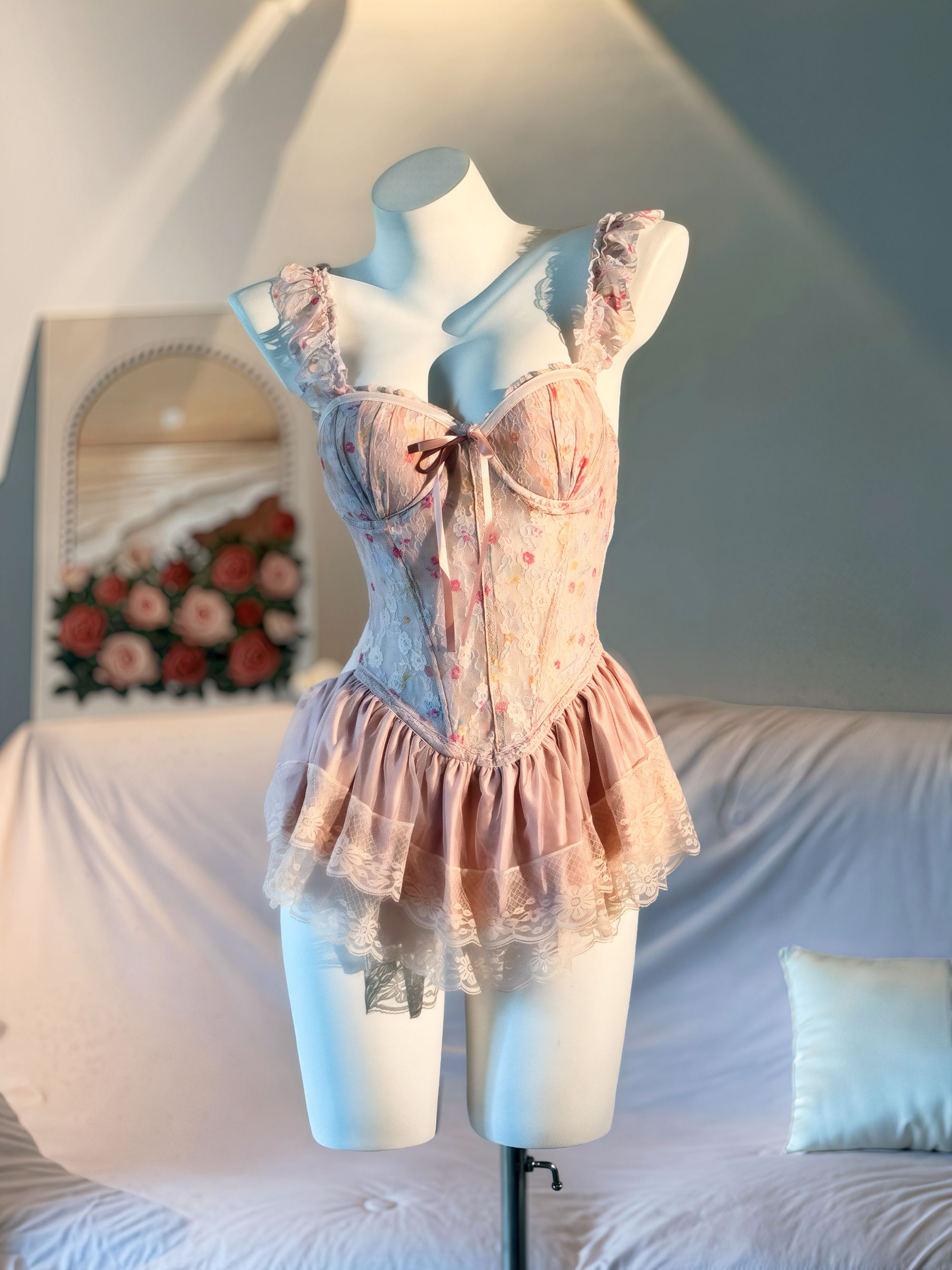 【甜情秘意】法式纯欲甜美吊带睡裙带胸垫鱼骨收腰显瘦巨龙睡衣