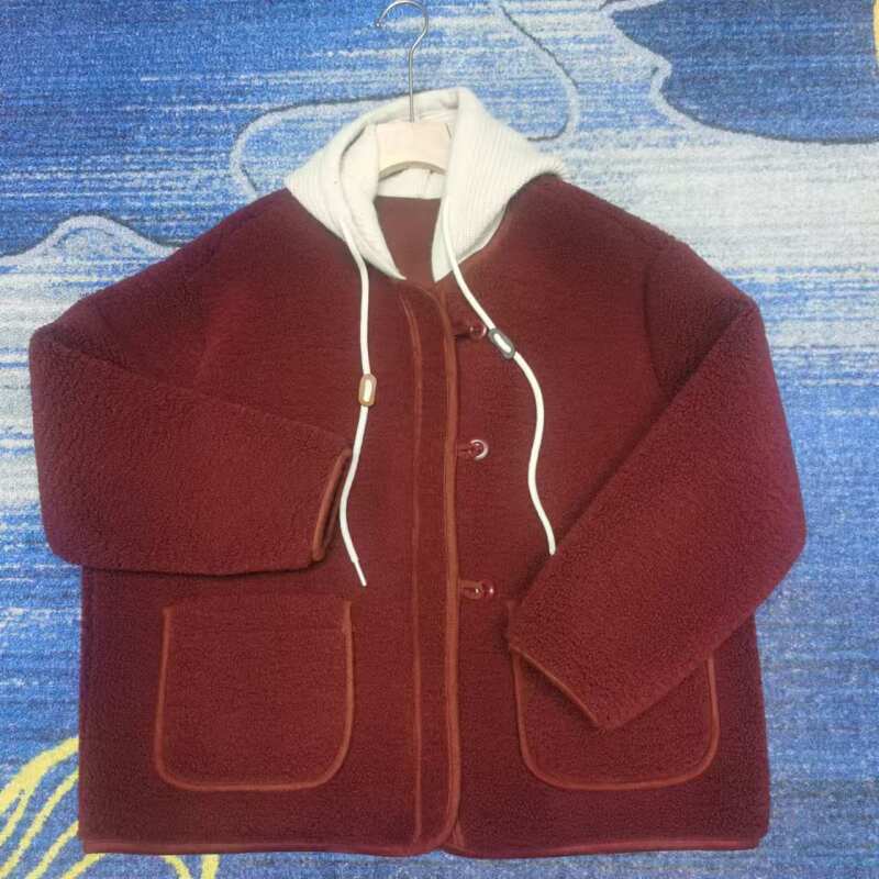 805针织连帽样稿冒外套女2024冬新款韩版宽松加厚设计感皮毛一体