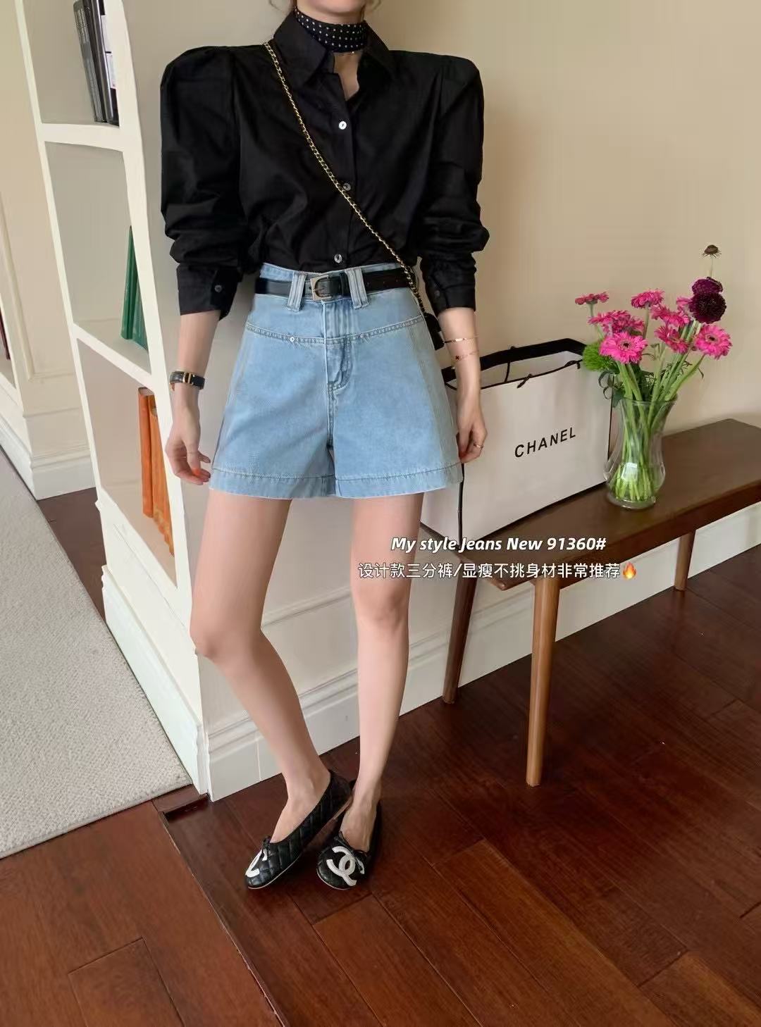 短裤阔腿成人不规则高腰三分裤夏季蓝色阔腿裤短裤S码