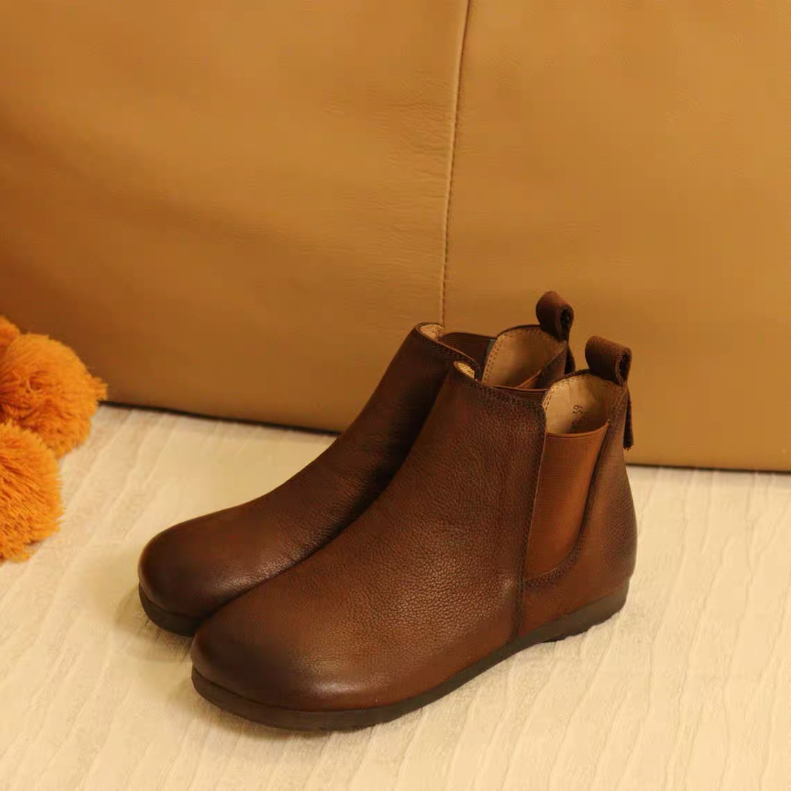 391-12牛皮圆头套脚休闲平底女短靴单靴