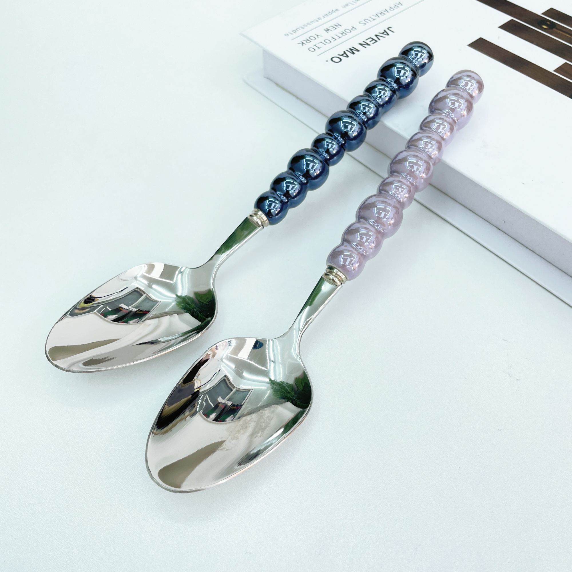 【2支】法式珍珠陶瓷手柄+SUS304不锈钢餐勺