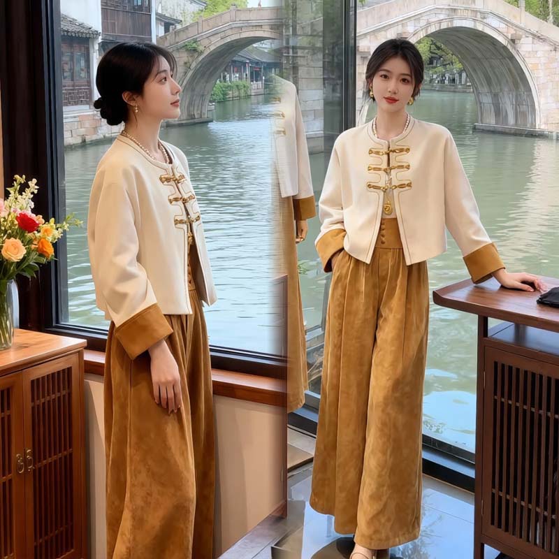 拉夏贝尔秋季新款时尚套装女新中式国风短外套气质休闲裤两件套