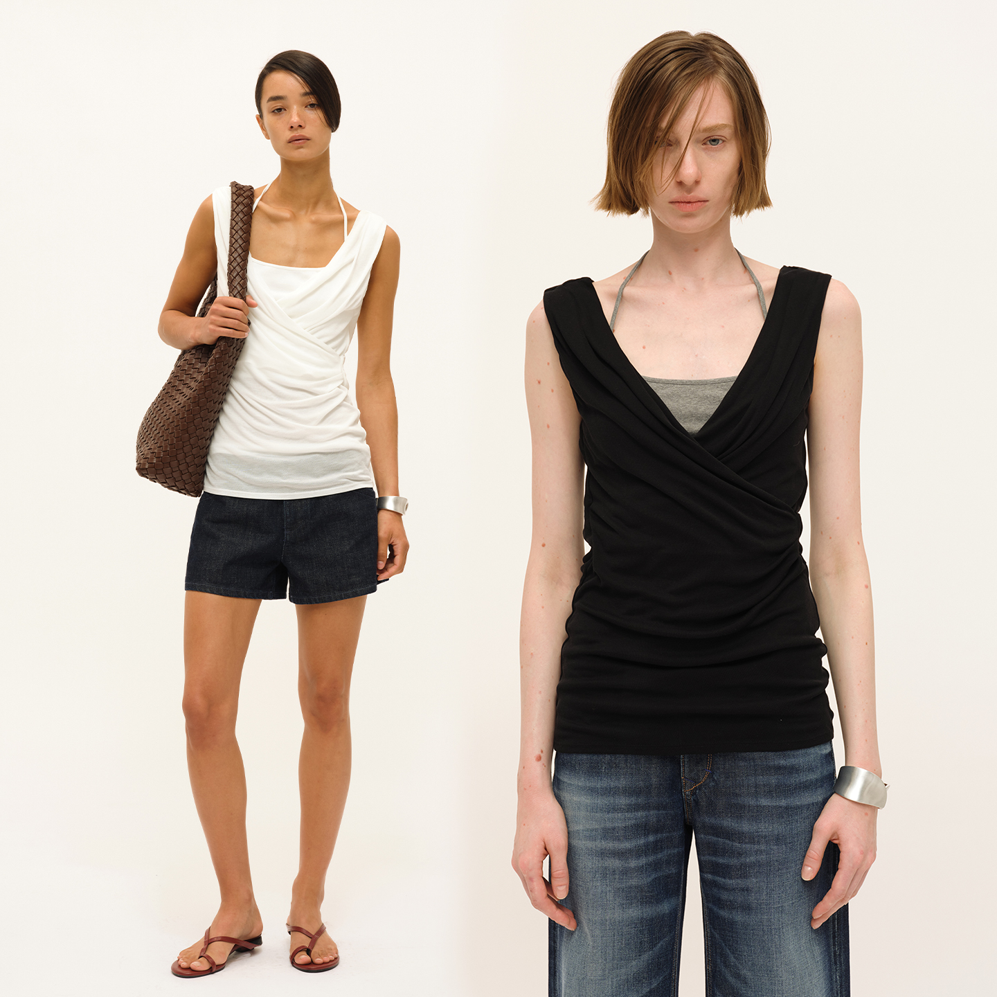 SMIIILE真两件撞色天丝针织挂脖绑带吊带背心女叠穿褶皱无袖上衣