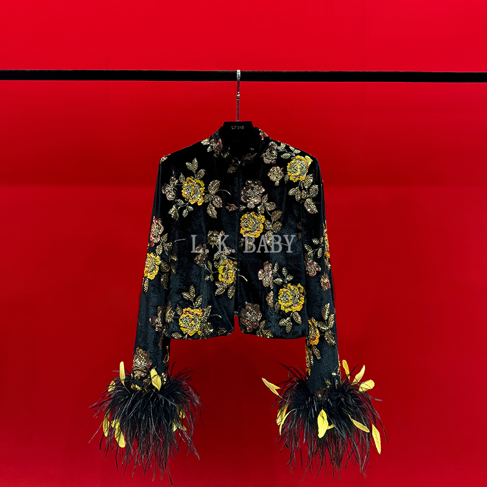 【L.K.BABY】金枝玉叶 高定新中式国风浮雕刺绣亮片羽毛外套