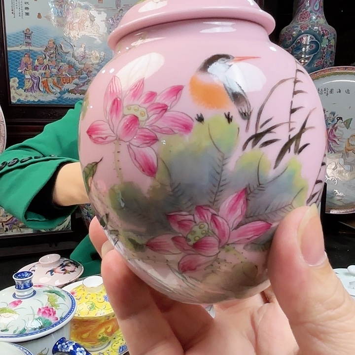 陶其他景德镇高温陶瓷红希希茶叶罐看画片