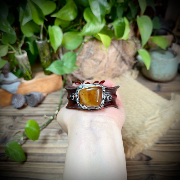 【古香古色】原创复古s925银蜜蜡琥珀皮手镯（圈口可调节）