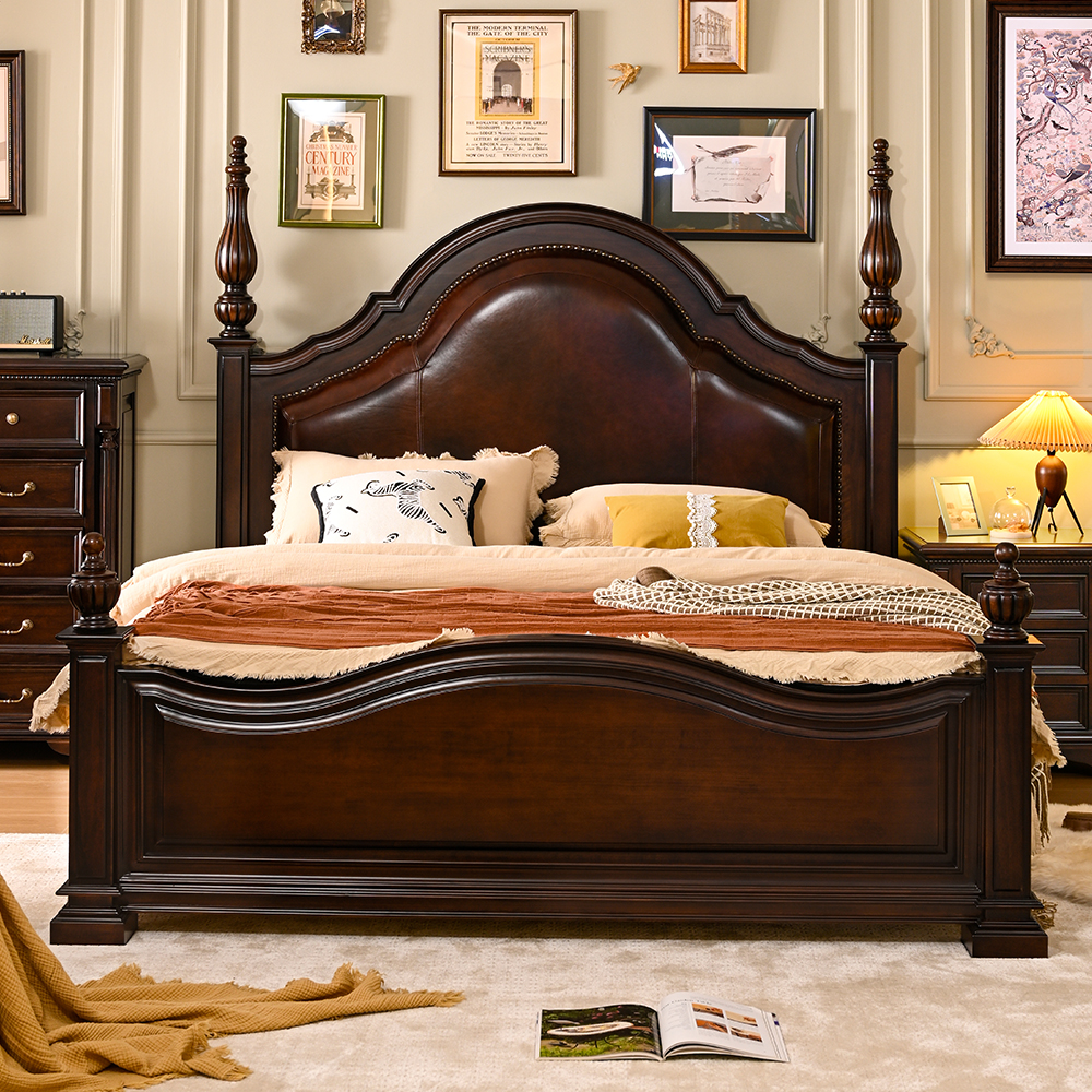 美式复古实木床头层真皮软靠床双人大巴顿软包床1.8米主卧复古床