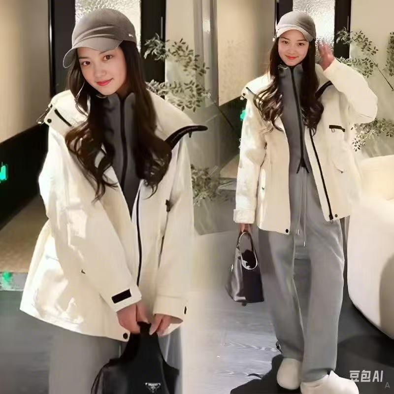 JIYI 休闲冲锋衣2025春秋新款宽松显瘦时尚简约气质上衣工装外套