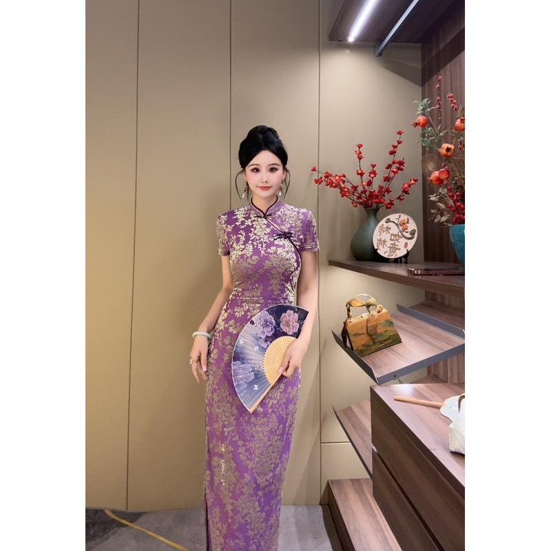 YUN《芙蓉》紫色新中式复古气质日常中国风优雅夏季开叉旗袍连衣裙