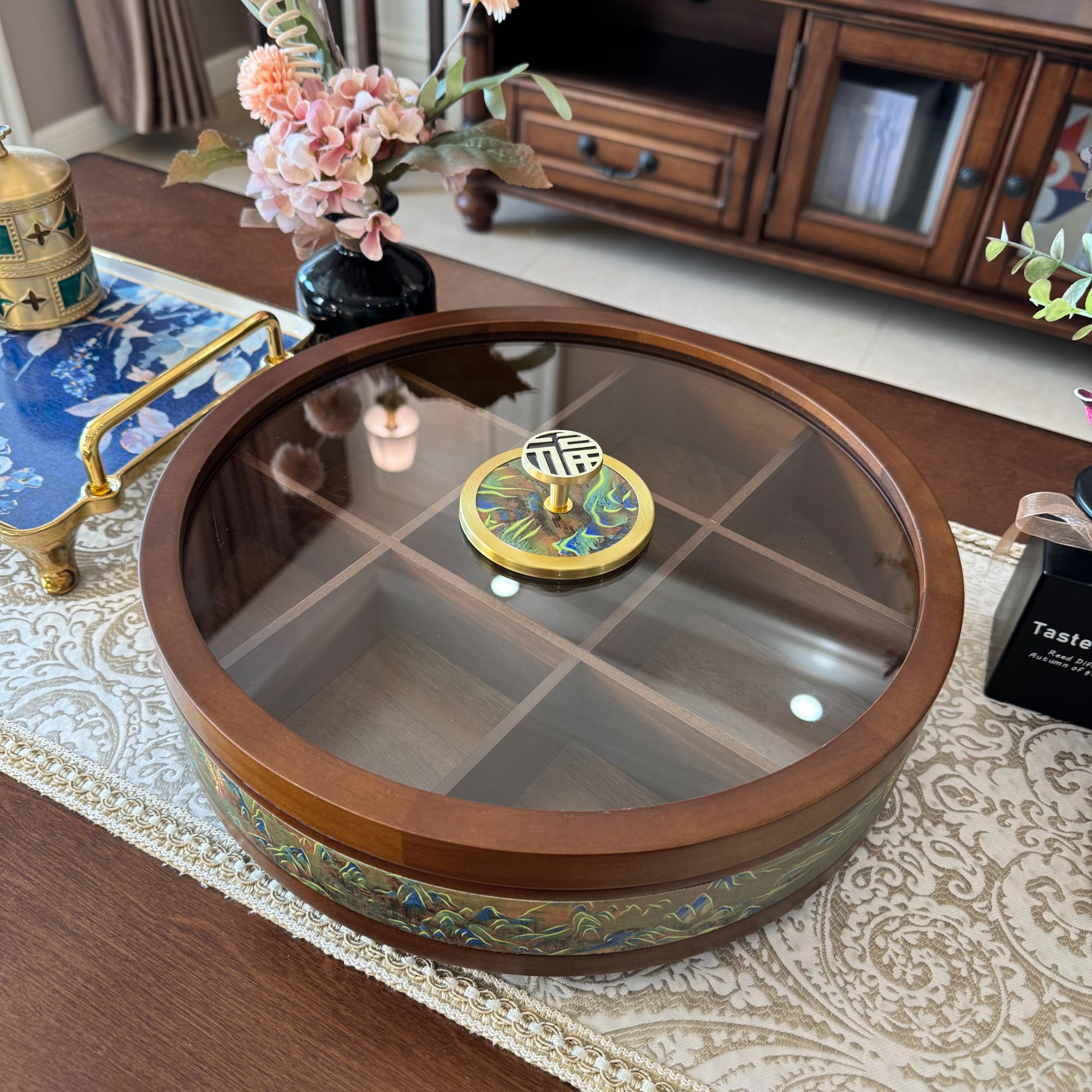 千里江山系列9宫格实木干果盒高级感家居黄铜把手福字中式美学