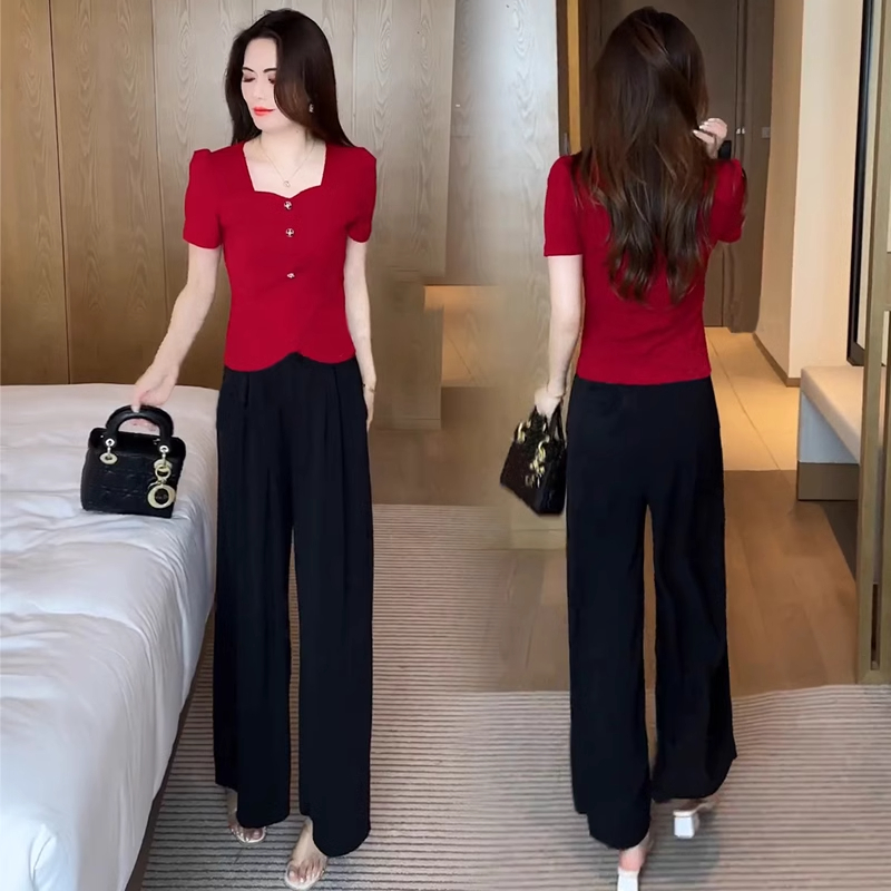 时尚洋气套装女夏季新款小个子一整套设计感T恤上衣阔腿裤两件套