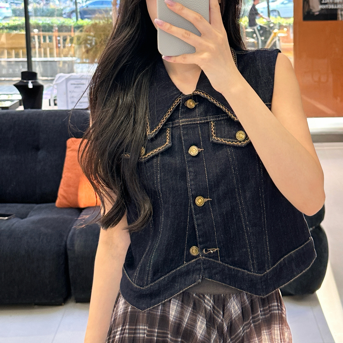 复古秋季法式辣妹POLO领单排扣马夹女牛仔无袖短款