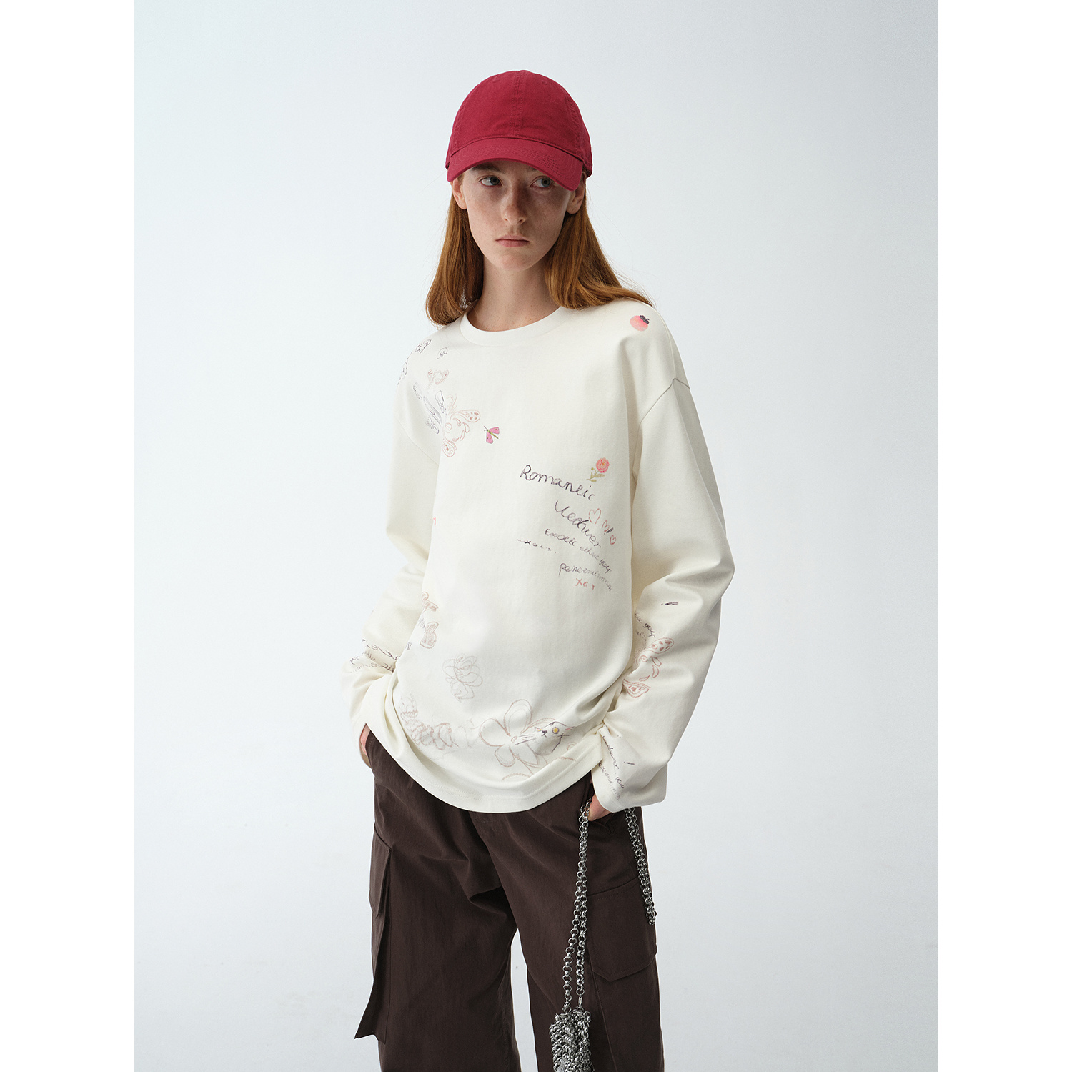 付智恩[时髦搭子] 童心未泯 简约涂鸦印花长袖T恤上衣女