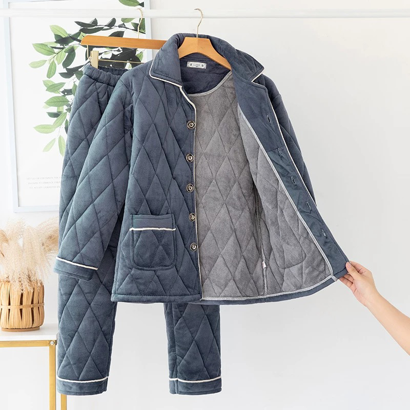 冬季加厚三层夹棉珊瑚绒保暖睡衣套装休闲家居服