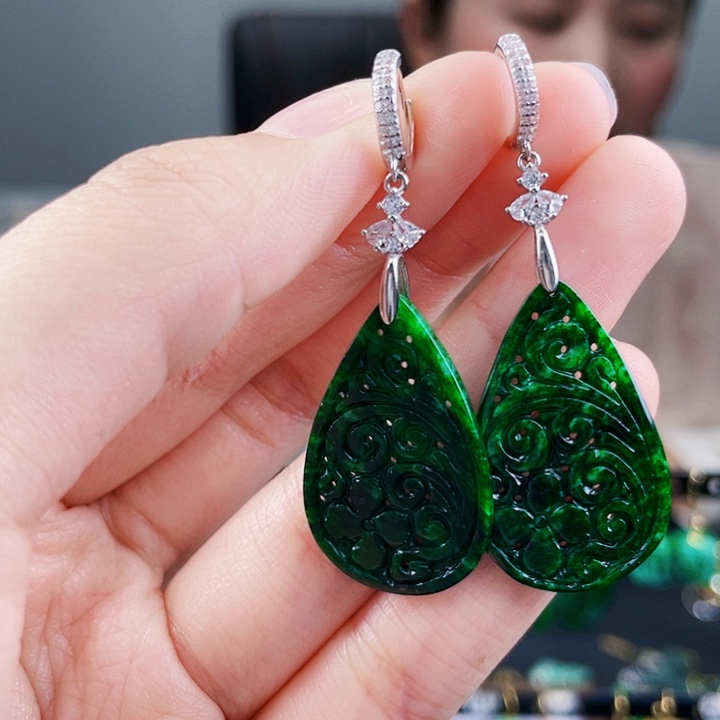 翡翠耳饰银S925镶嵌饰品