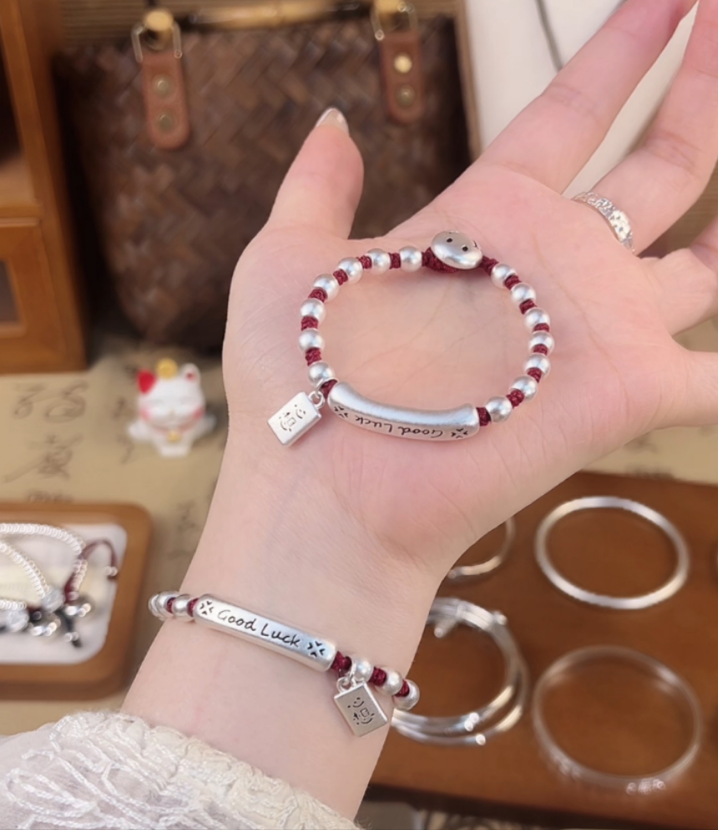 足银手链 足银银制品 good luck 笑脸心想事成红绳珠珠手串