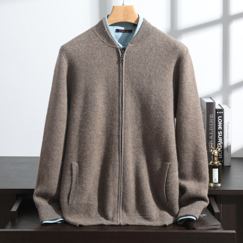 100%纯羊绒男士棒球领拉链加厚开衫外套针织男款百搭针织开衫正品