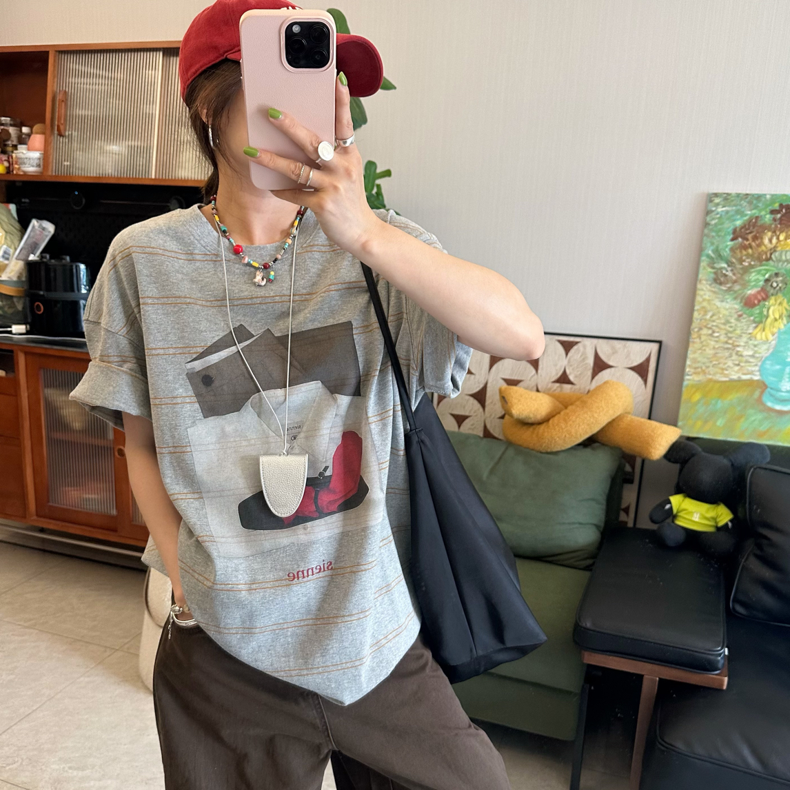 qiqi/琦琦推荐韩版宽松休闲日系圆领印花早秋时尚短袖T恤百搭纯棉
