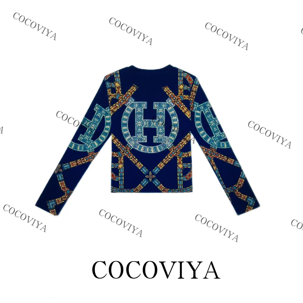 【XY】COCOVIYA轻奢复古风经典H字母印花链条设计长袖T恤 26C-865