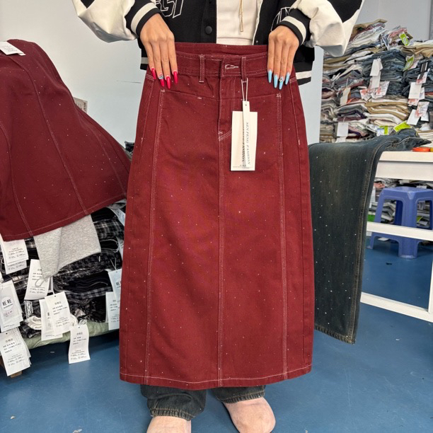 安哥拉红纯棉高腰A字开叉百搭显瘦秋季半身裙