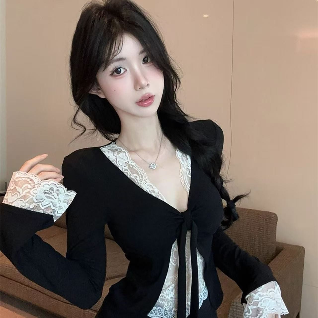 【扣号播播间】纯欲风气质名媛假两件套装